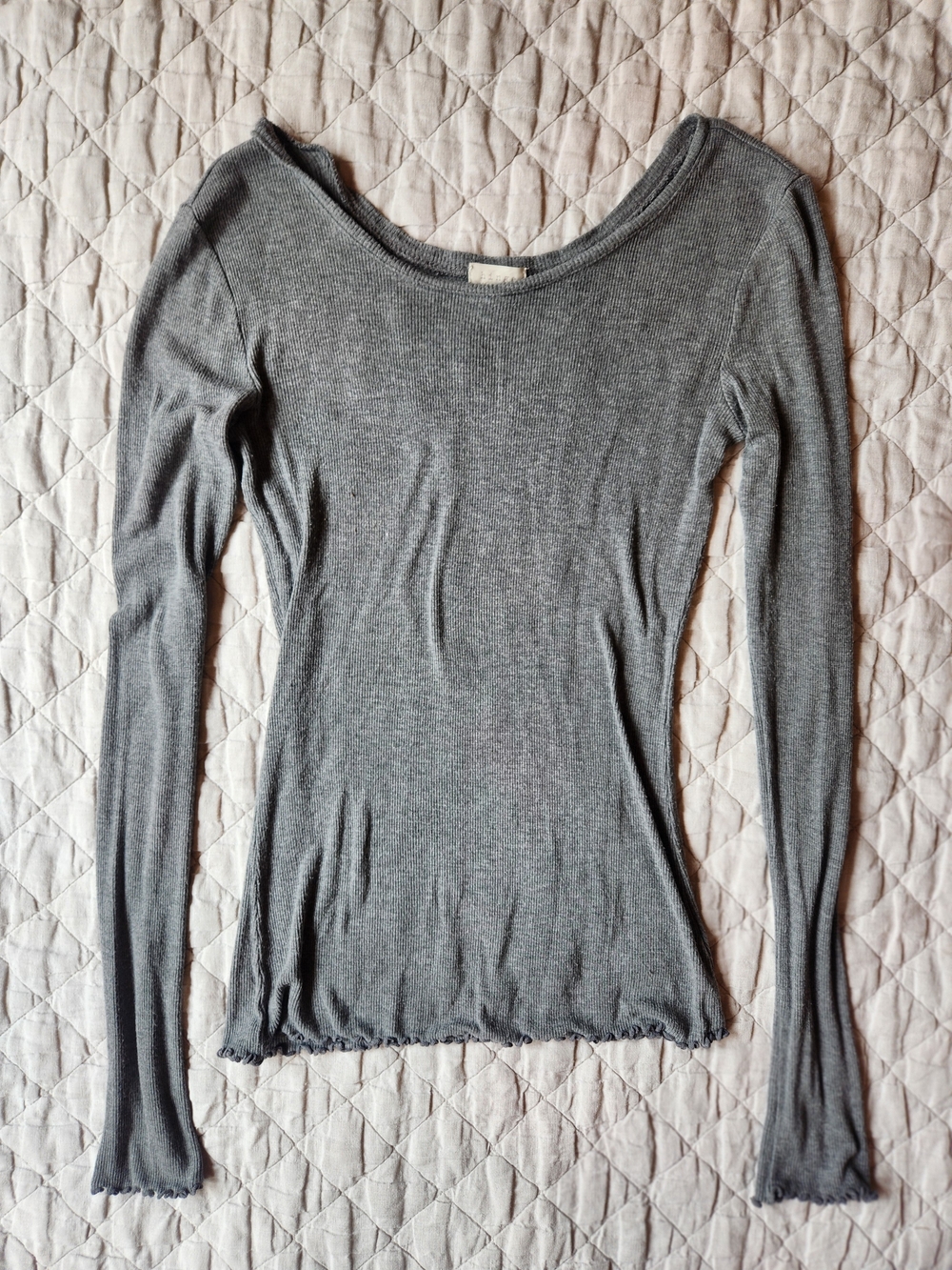 hinge Gray Ribbed Boatneck Long Sleeve Top